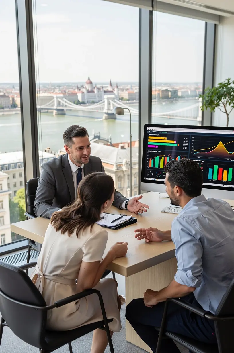 Tanácsadó magyaráz egy diagramot, amely a megtakarítások és befektetések növekedését mutatja.