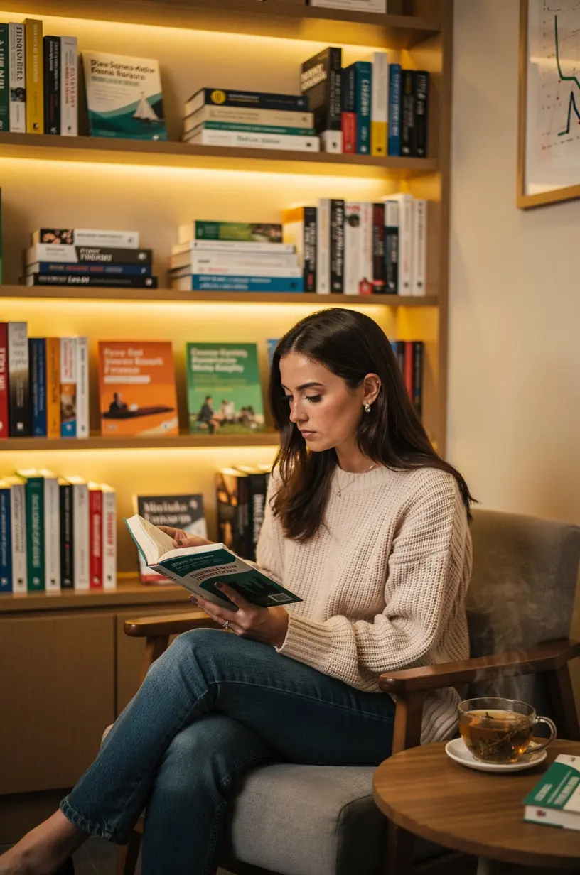 Könyvek a pénzügyi tervezésről polcon, amelyek alapvető pénzügyi ismereteket közvetítenek.